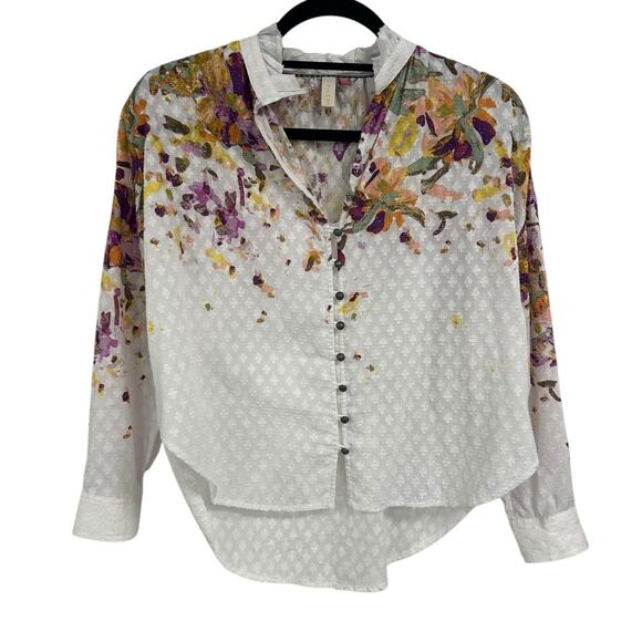 Pilcro The Tavi Textured Floral Button Down Cotton Blouse Womens Petite XXS - Picture 2 of 6